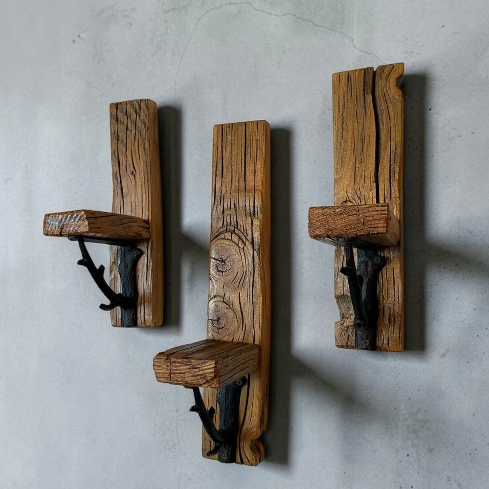 Rustic Reclaimed Wood Wall Sconce Set 3pc Floating Shelf Cast Iron‎ Branch Brown